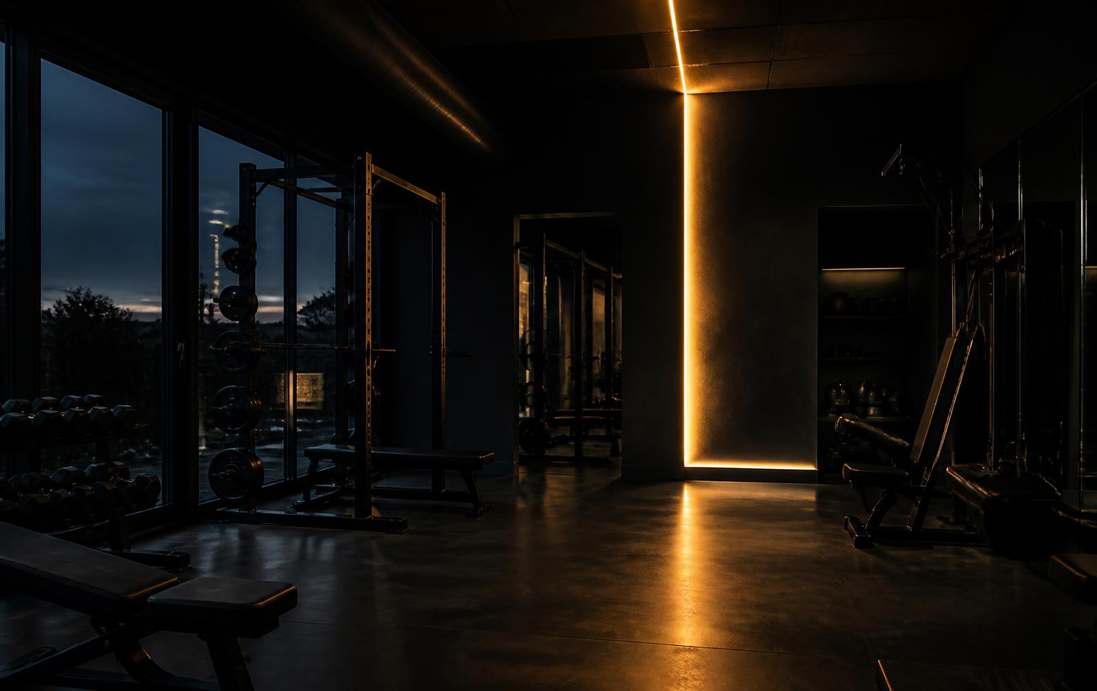 Empty boutique gym floor lit at dusk